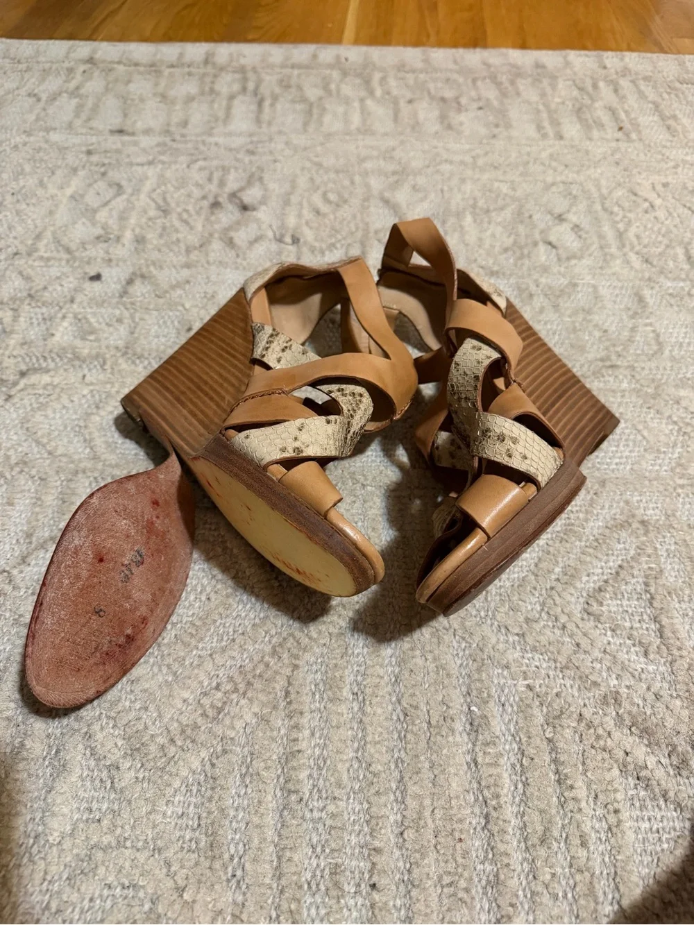 Cole Haan Tan Wedge Sandals with Snake-Print Straps